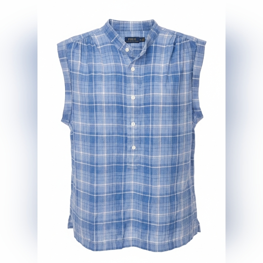 Polo Ralph Lauren Linen Blouse Blue White Plaid Coastal Luxury Summer Top 14